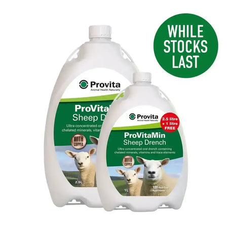 Two white plastic bottles of provita provitamin sheep ultra-concentrated oral drench copper promo pack with sheep labels