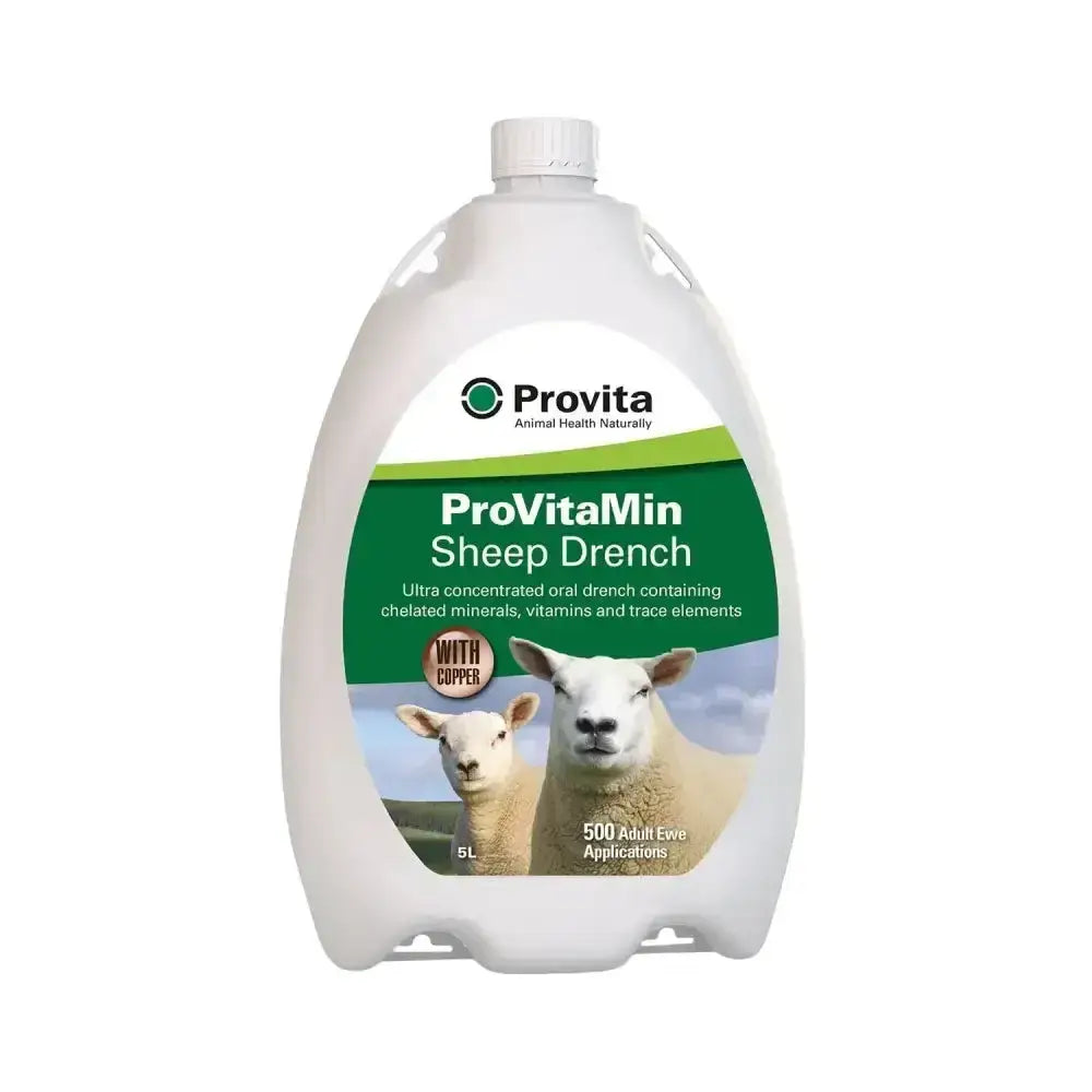 White plastic bottle of provita provitamin sheep ultra-concentrated oral drench with broad-spectrum elements and green label