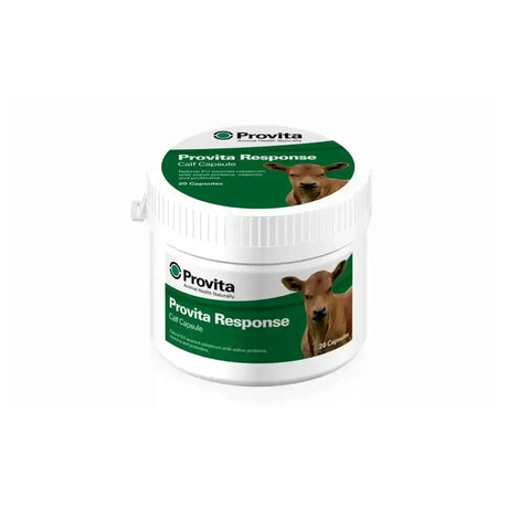 White plastic container with green label and calf image for provita response capsules with probiotic bacteria and egg powder