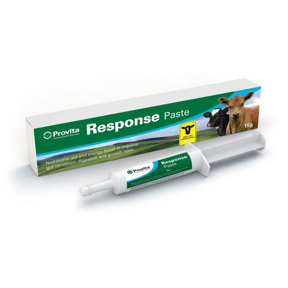 Provita response paste is a 15g white tube with green cows designed as an orally administered paste for newborn calves