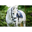 A white horse wearing a sweden high jump anatomical bridle with black noseband and navy blue quilted saddle pad