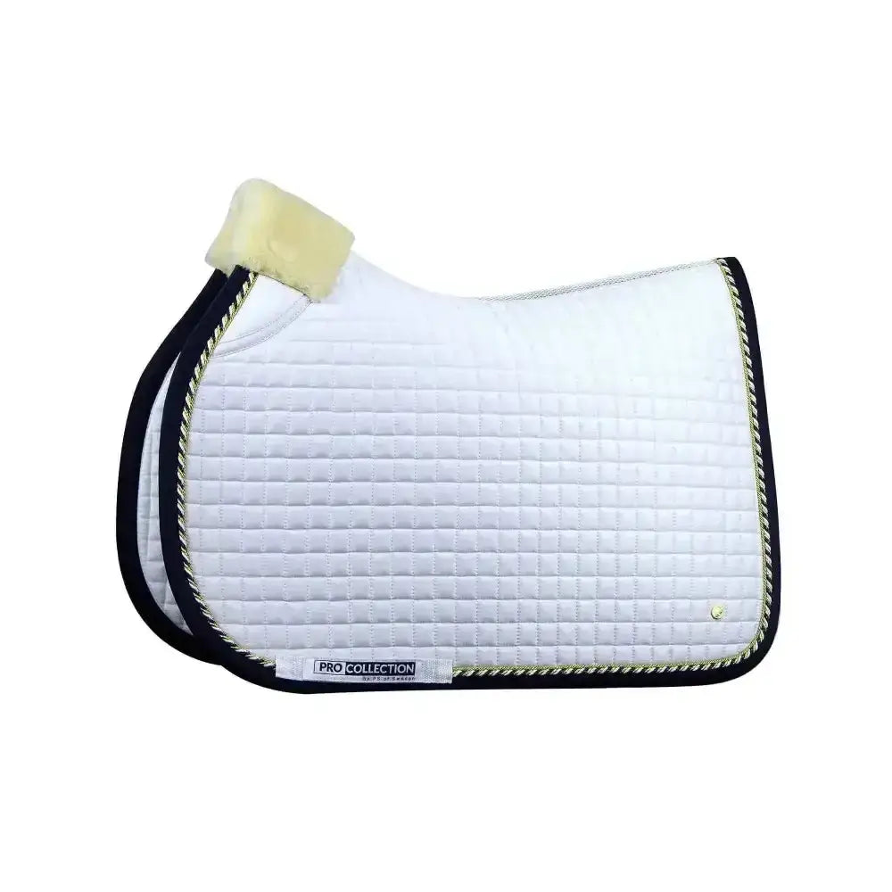 White quilted ps of sweden jump saddle pad with black trim gold rope stitching and soft yellow fleece corner saddle pads white