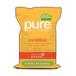 Yellow pure feed company horse feed bag labeled condition with green balancer banner for horse calm whilst