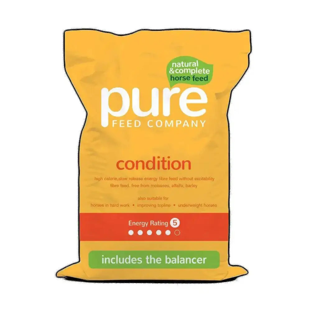 Yellow pure feed company horse feed bag labeled condition with green balancer banner for horse calm whilst