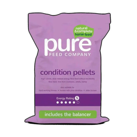 Purple bag of pure feed company pure condition pellets for horses showing condition pellets horse feed product