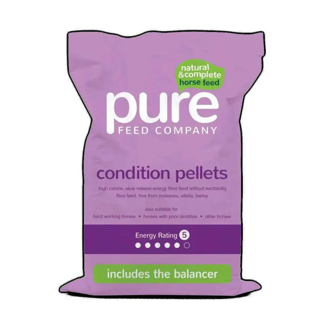 Purple bag of pure feed company pure condition pellets for horses showing condition pellets horse feed product