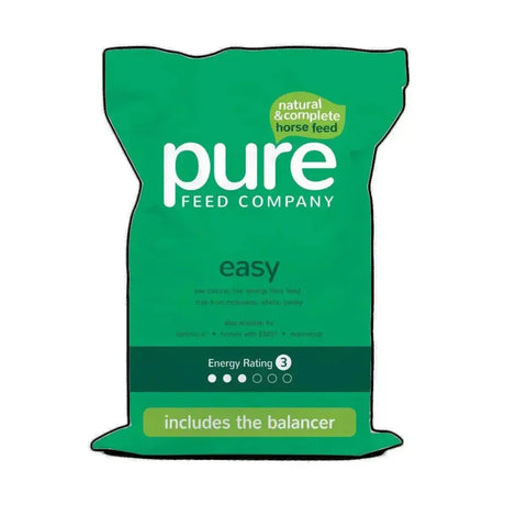 Green bag of pure feed company pure easy high fibre feed with bold white logo and energy rating to encourage weight gain