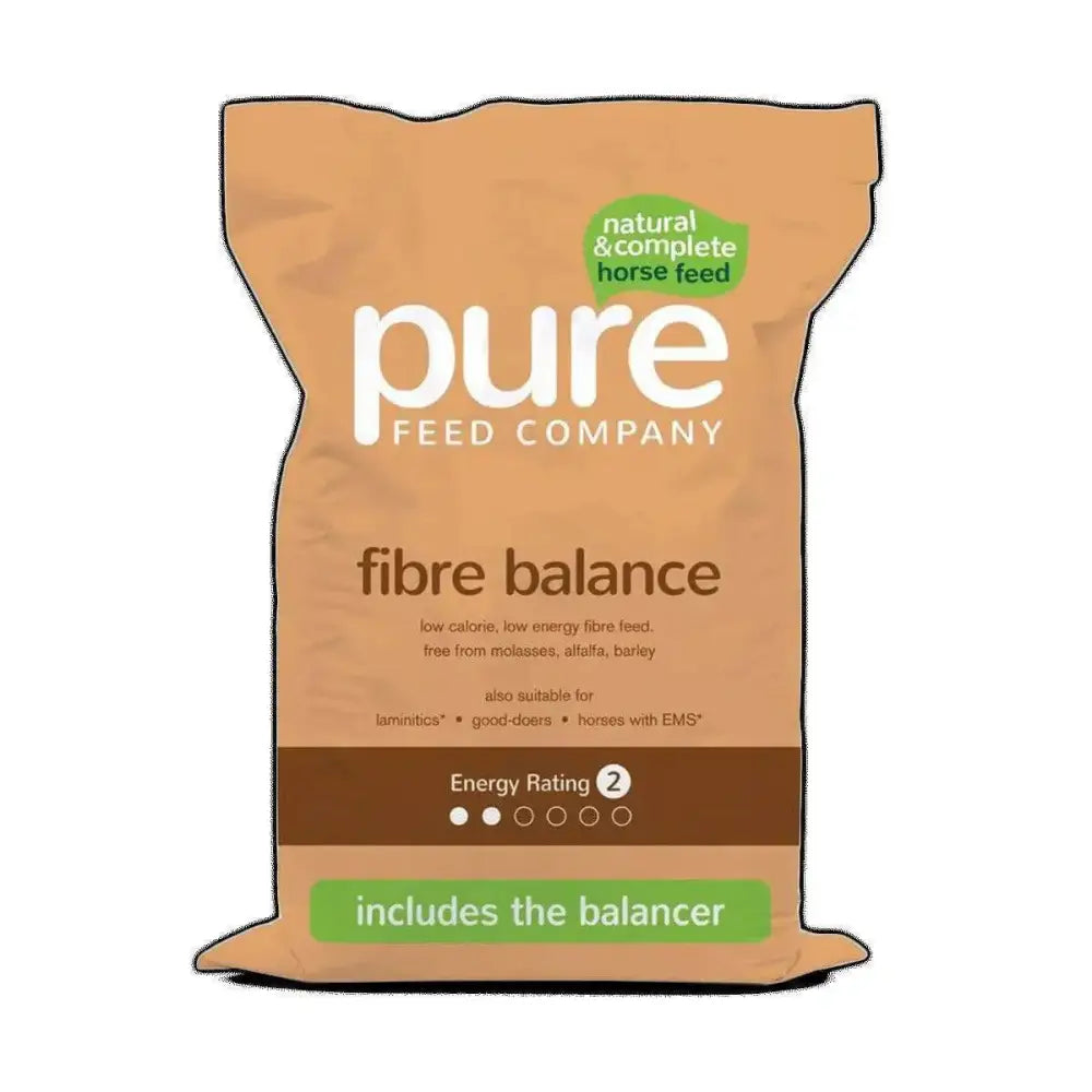 A tan resealable bag of pure feed company pure fibre balance fibre balancer horse feed with green natural energy label