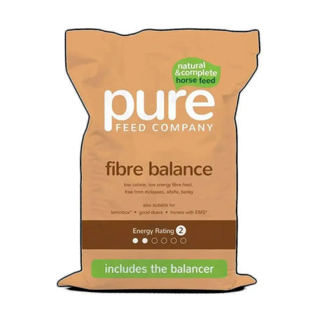 A tan resealable bag of pure feed company pure fibre balance fibre balancer horse feed with green natural energy label