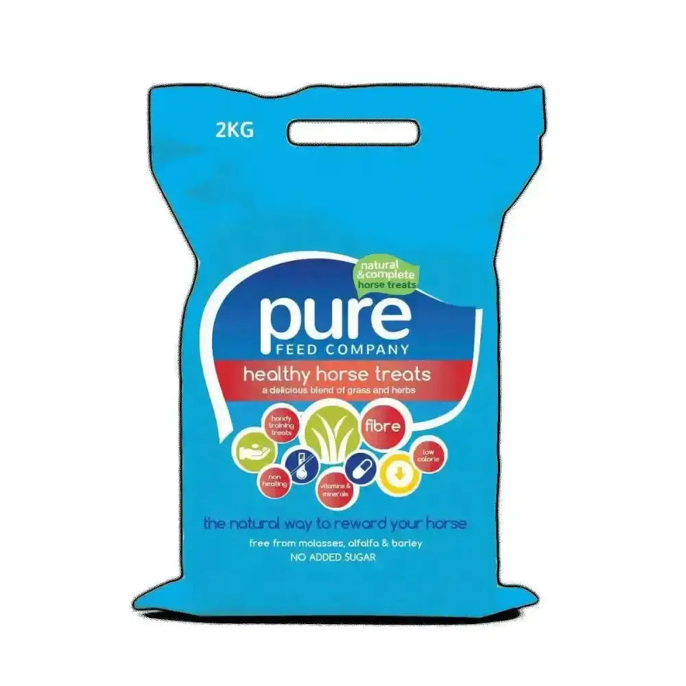 Bright blue bag of pure feed company pure horse treats with playful colorful icons highlighting natural ingredients and benefits