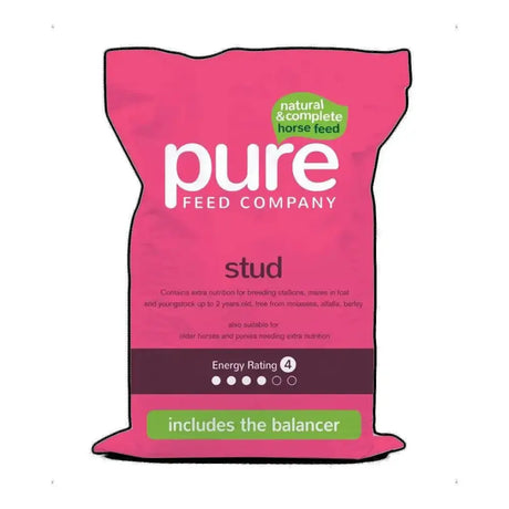 Pink bag of pure feed company pure stud horse feed with low starch content and high fibre for breeding stallions and youngstock