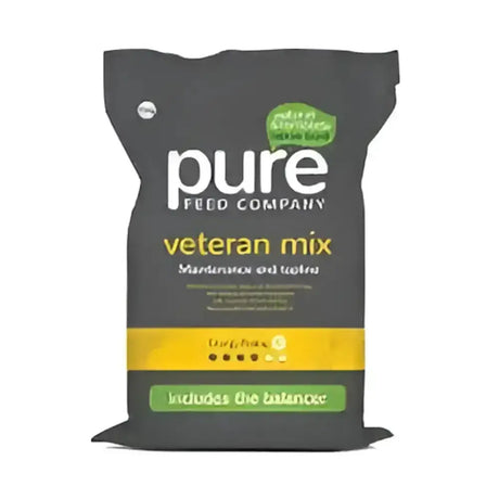 Black bag of pure feed company pure veteran mix dog food with elevated levels and yellow green accents