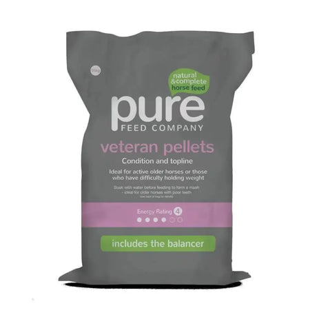 Gray bag of pure feed company pure veteran pellets horse feed with pink and green text for senior horses