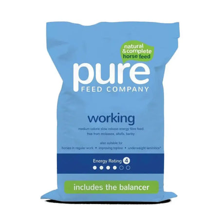Blue bag of pure feed company pure working horse feed labeled natural complete with energy rating 4 for older horses