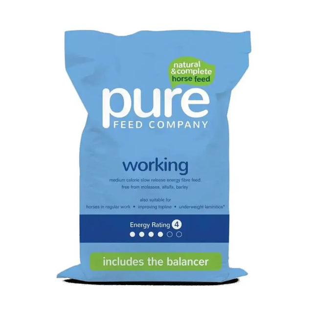 Blue bag of pure feed company pure working horse feed labeled natural complete with energy rating 4 for older horses