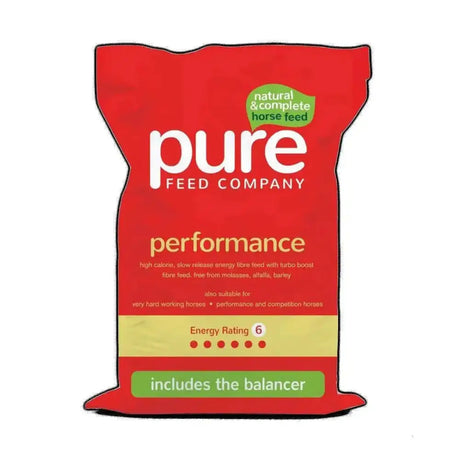 Red bag of pure feed performance horse feed with green natural label and energy rating 6 showing pure performance delivers