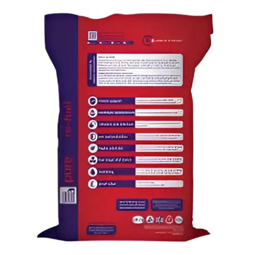 Red and purple pure feed recovery mash bag with white text showing horse feeds product features on back side