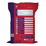 Red and purple pure feed recovery mash bag with white text showing horse feeds product features on back side