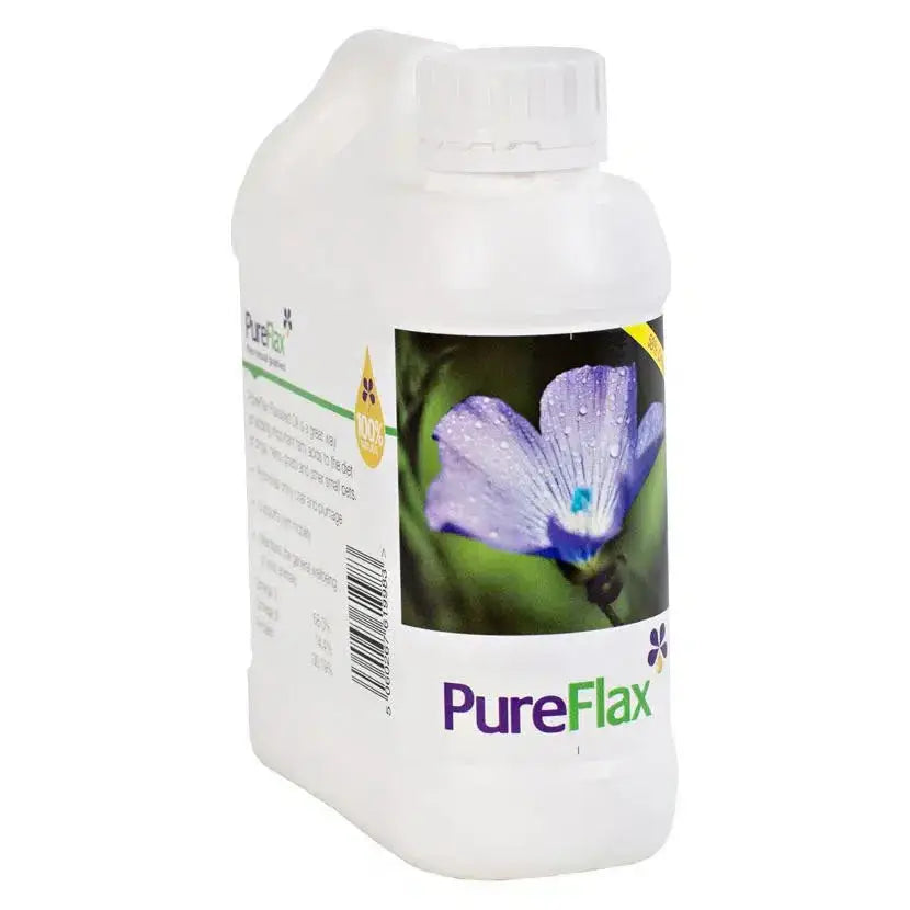 White plastic bottle of pureflax linseed oil for dogs with natural cold pressed pressed flax oil label and purple flower
