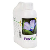 White plastic bottle of pureflax linseed oil for dogs with natural cold pressed pressed flax oil label and purple flower