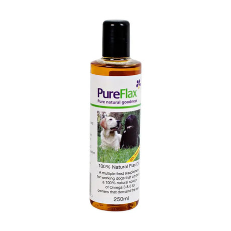 A 250ml bottle of pureflax linseed oil for dogs with natural cold pressed amber liquid in clear plastic container with black cap