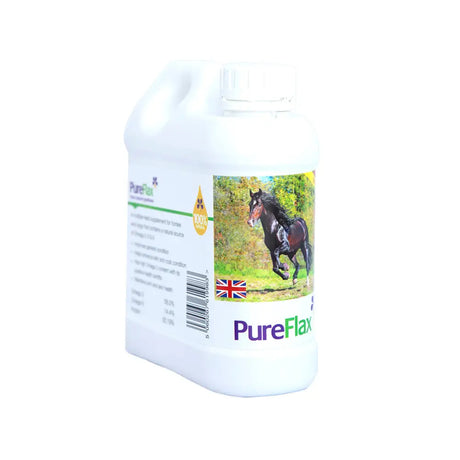 White plastic bottle of pureflax linseed oil with black horse label natural cold pressed pressed flax oil for horses
