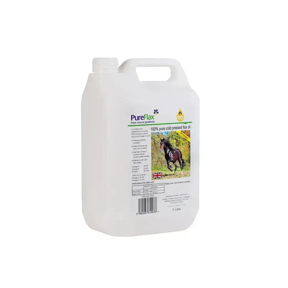 White plastic jug of pureflax linseed oil natural cold pressed flax oil for horses with british flag label