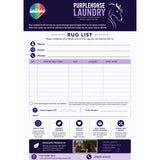 Purple horse laundry rug list form with purple and white colors featuring fields for customer and rug details