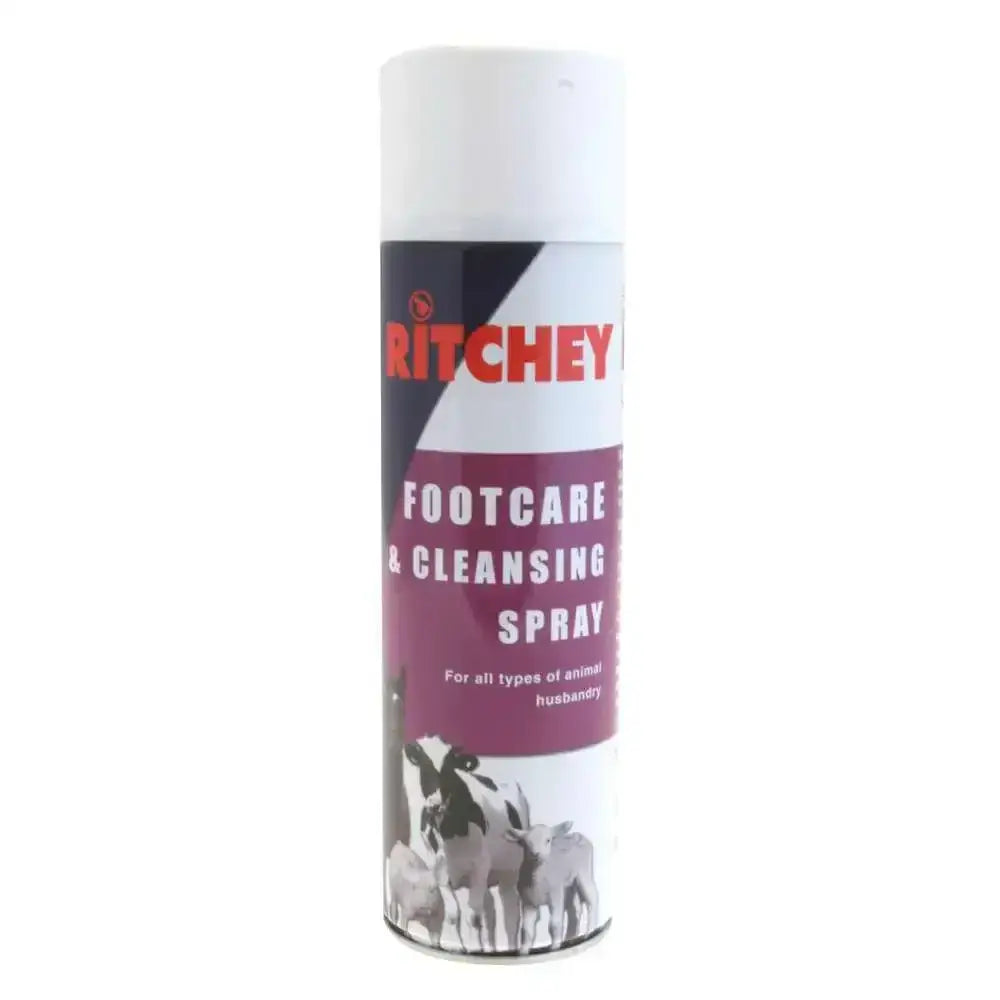 Ritchey purple spray footcare and cleansing spray in white can with maroon label offering effective disinfecting
