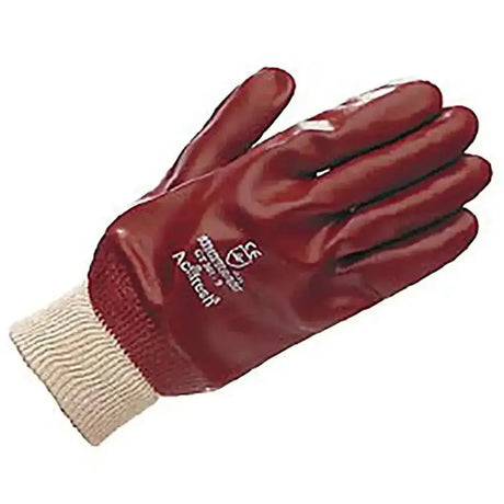 Back of red pvc fully coated gloves with beige knit wrist cuff and white branding in fully coated knit wrist gloves hurricane style
