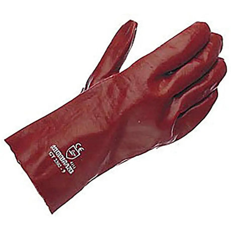 Red pvc gauntlet gloves with a glossy finish and white branding on the wrist ideal for typical applications