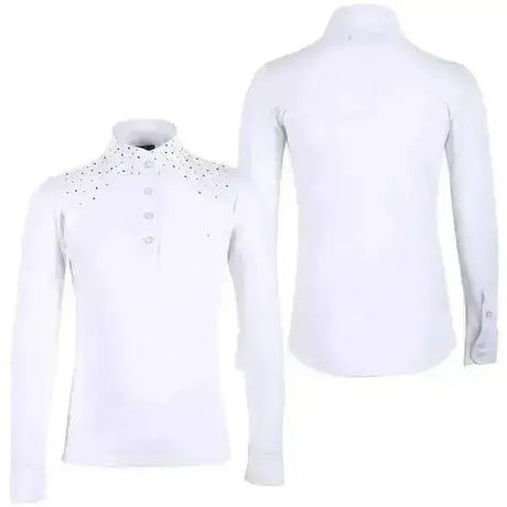 White long-sleeved qhp emilee crystal competition shirt with high collar and sparkling crystal embellishments neckline