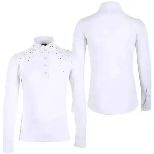 White long-sleeved qhp emilee crystal competition shirt with high collar and sparkling crystal embellishments neckline