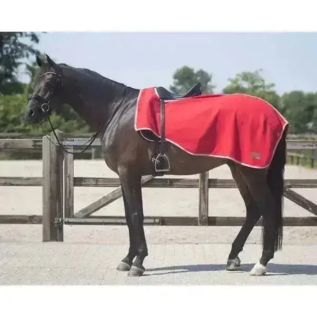 Red horse blanket qhp exercise rugs fleece cooler with white trim and velcro closure for equestrian use