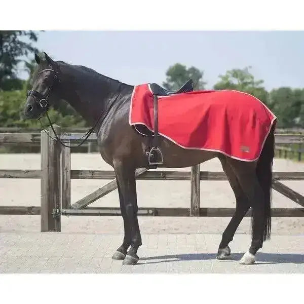 Red horse blanket qhp exercise rugs fleece cooler with white trim and velcro closure for equestrian use