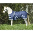 Navy blue qhp falabella turnout rug with white trim and adjustable straps in 200g for falabella turnout rugs use