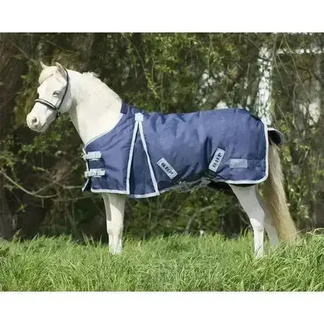 Navy blue qhp falabella turnout rug with white trim and adjustable straps in 200g for falabella turnout rugs use