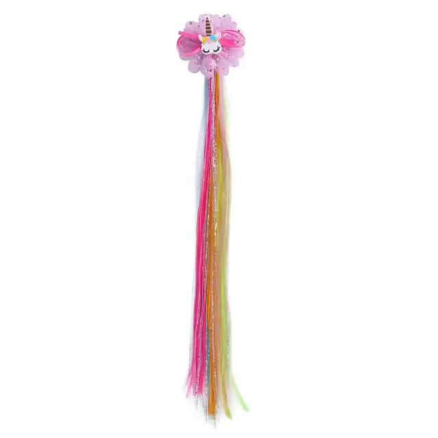 Pink unicorn fairy hair extensions with floral top and multicolored glittery tassels for qhp unicorn horse hair style