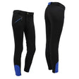Black qhp junior breeches for kids with blue accents on cuffs and zipper pull in a sleek fitted design