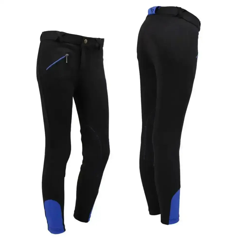 Black qhp junior breeches for kids with blue accents on cuffs and zipper pull in a sleek fitted design