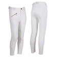 White qhp junior competition breeches for kids with sleek fit and silver zipper accents on the side