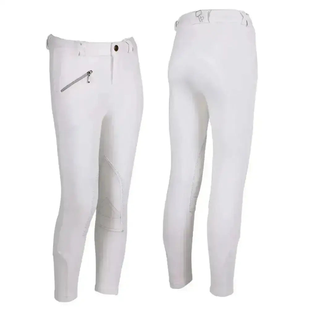 White qhp junior competition breeches for kids with sleek fit and silver zipper accents on the side