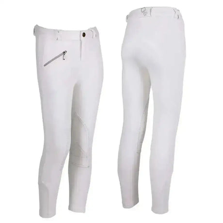 White qhp junior competition breeches for kids with sleek fit and silver zipper accents on the side