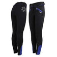 Back view of black qhp junior winter ice breeches with purple accents and snowflake embroidery for outdoor ride