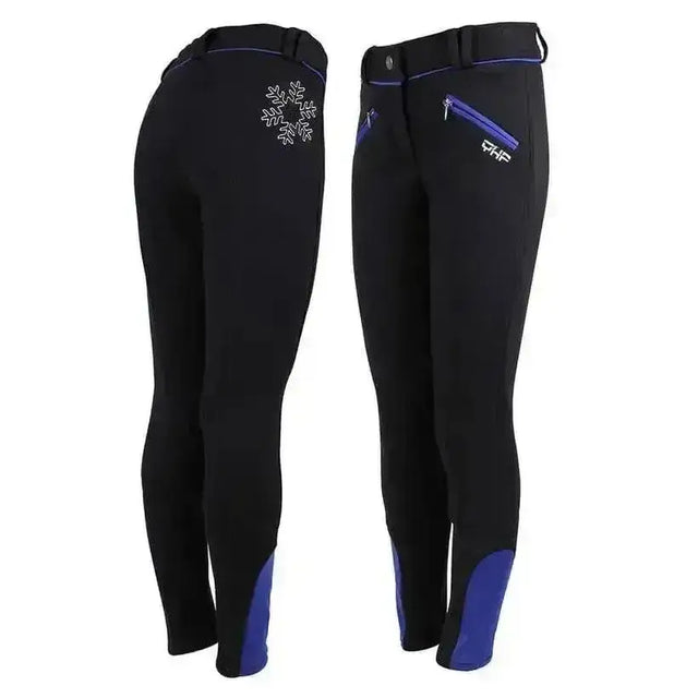 Back view of black qhp junior winter ice breeches with purple accents and snowflake embroidery for outdoor ride