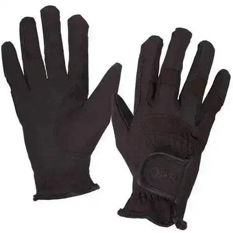 Black leather qhp multi gloves with reinforced stitching and branded patch on wrist for riding and equestrian use