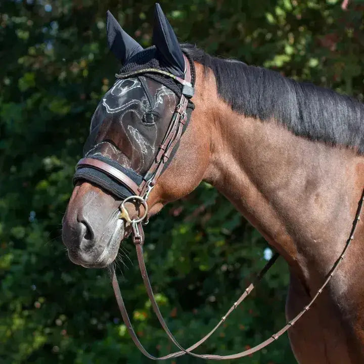 Black mesh fly mask with white embroidery and adjustable straps by qhp ride for equestrian use
