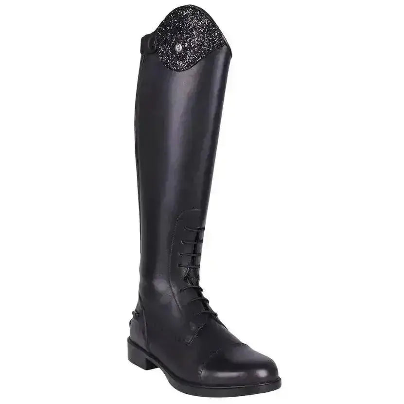 Black leather qhp romy glitter junior standard riding boots with a glittery black cap for long competition use