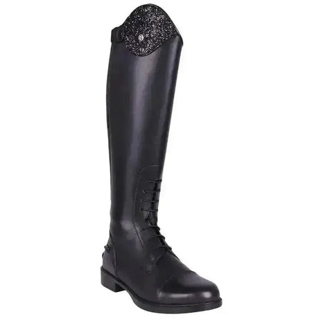 Black leather qhp romy glitter junior standard riding boots with a glittery black cap for long competition use