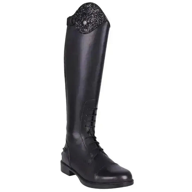 Black leather qhp romy glitter junior standard riding boots with a glittery black cap for long competition use